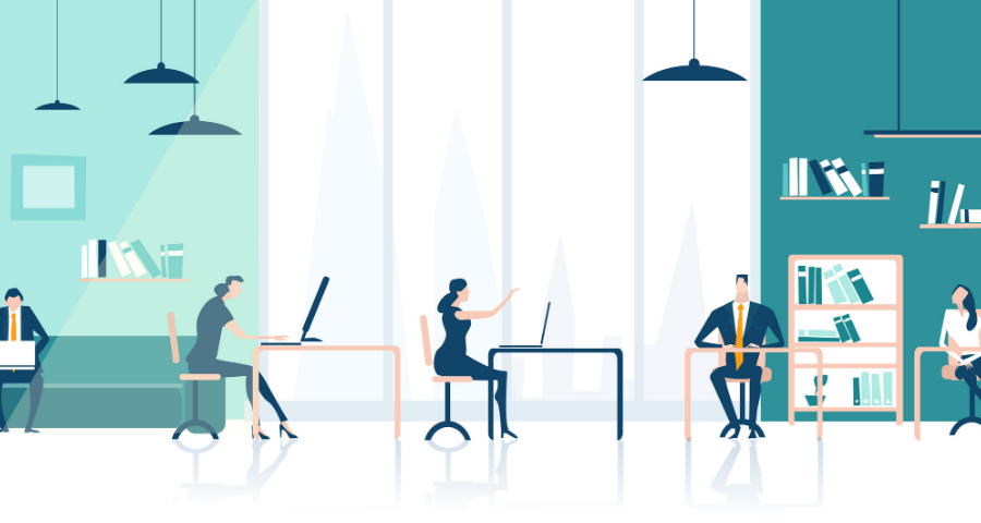 people working at desks collaborating in office